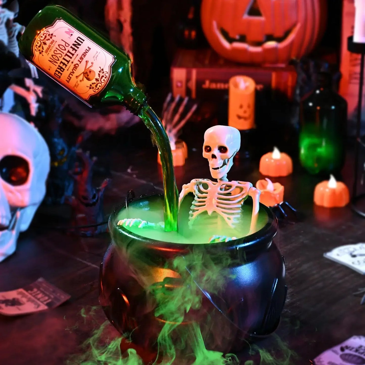 LED Halloween Witch Cauldron with Fog & Skeleton Decor