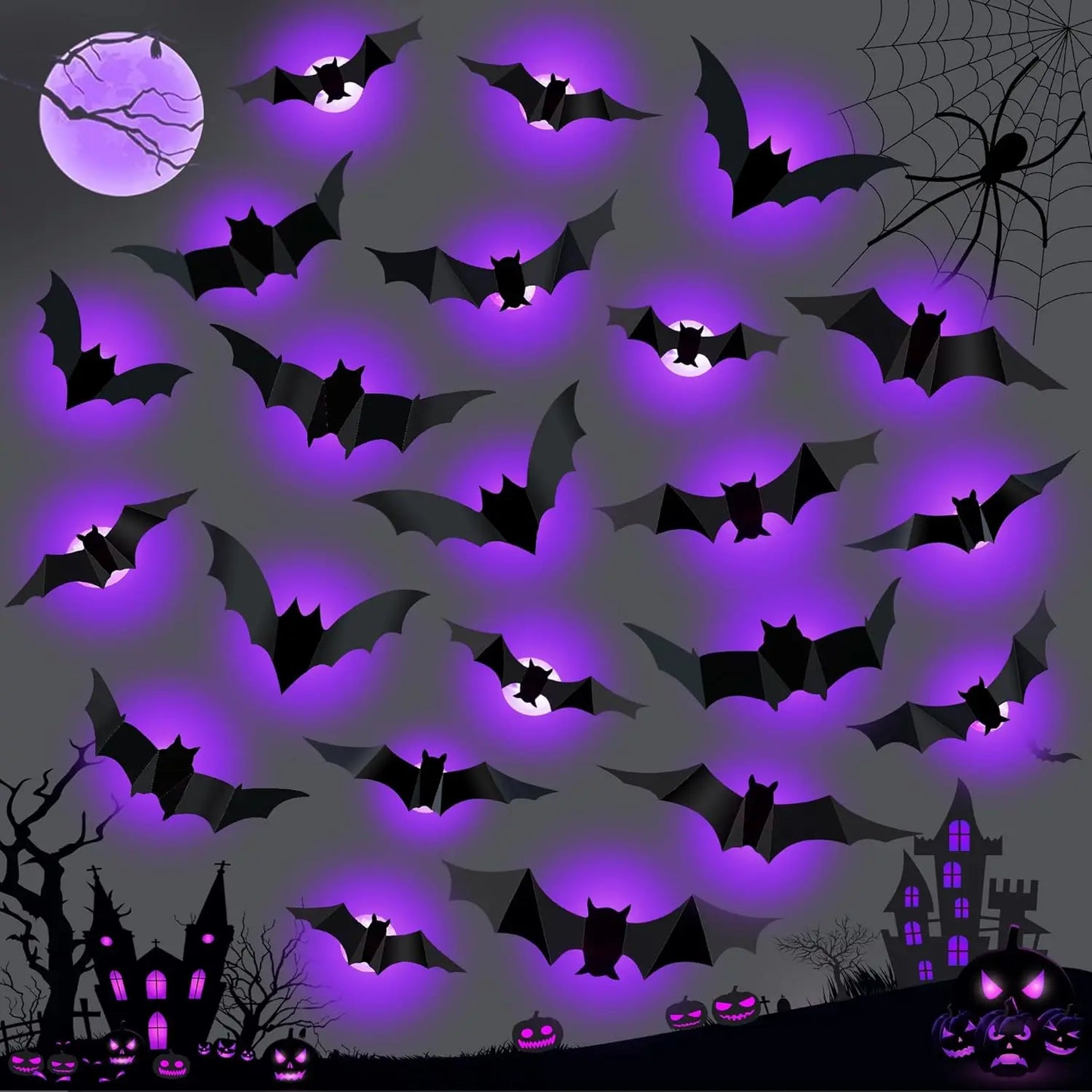 3D LED Bat & Spider Night Light Decor (Contains Three Sizes: Large, Medium and Small)